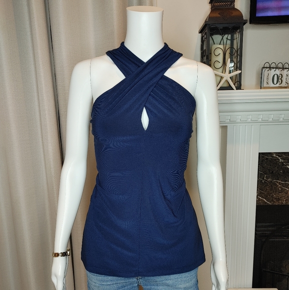 CHAPS CRISS CROSS FRONT HALTER TOP, MARINE NAVY L - Picture 2 of 11